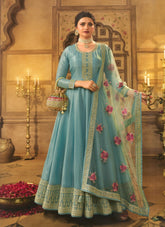 Dola Silk Embroidered Gown in Firozi